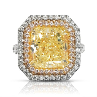 Yellow Diamond Ring Radiant Cut 9 Carat Halo Ring in Platinum & 18K Gold Front View