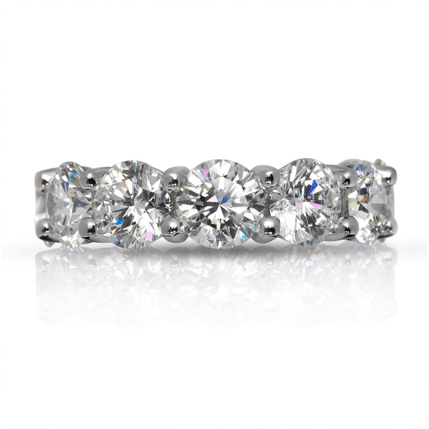 Round Diamond Eternity Band in White Gold U shaped shared prongs Set Side ViewRound Diamond Eternity Band in White Gold U shaped shared prongs Set Front View