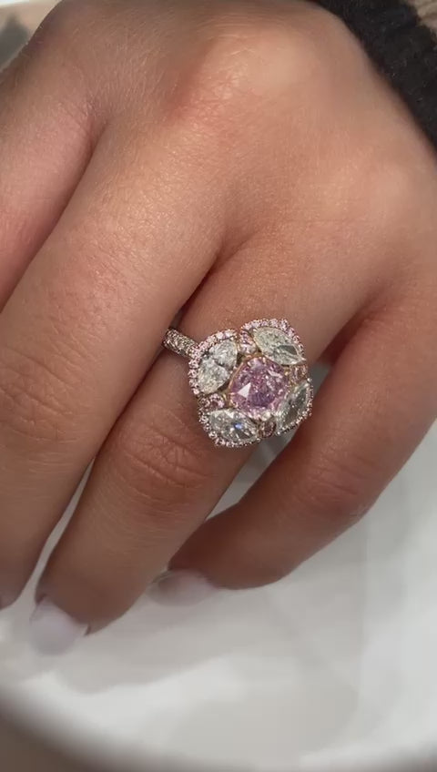 Virginia 3 Carat Very Light Pink Cushion Cut Diamond Engagement Ring in White Gold & Rose Gold Video 1