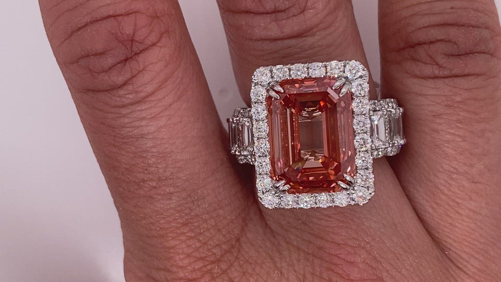 Orangy Pink Diamond Ring Emerald Cut 15 Carat Halo Ring in 18K White Gold Video on Hand