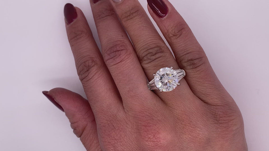 Diamond Ring Round Cut 6 Carat Three Stone Ring in 18K White Gold Video on Hand