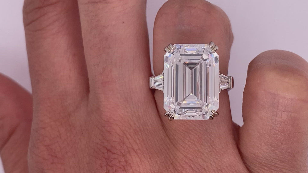 Diamond Ring Emerald Cut 16 Carat Three Stone Ring in Platinum Video on Hand