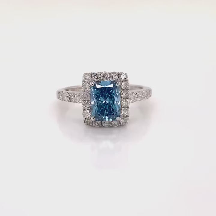 LYDIA 2 Carat Fancy Vivid Greenish Blue VS1 Radiant Cut Lab Grown Diamond Engagement Ring in 14k White Gold Video