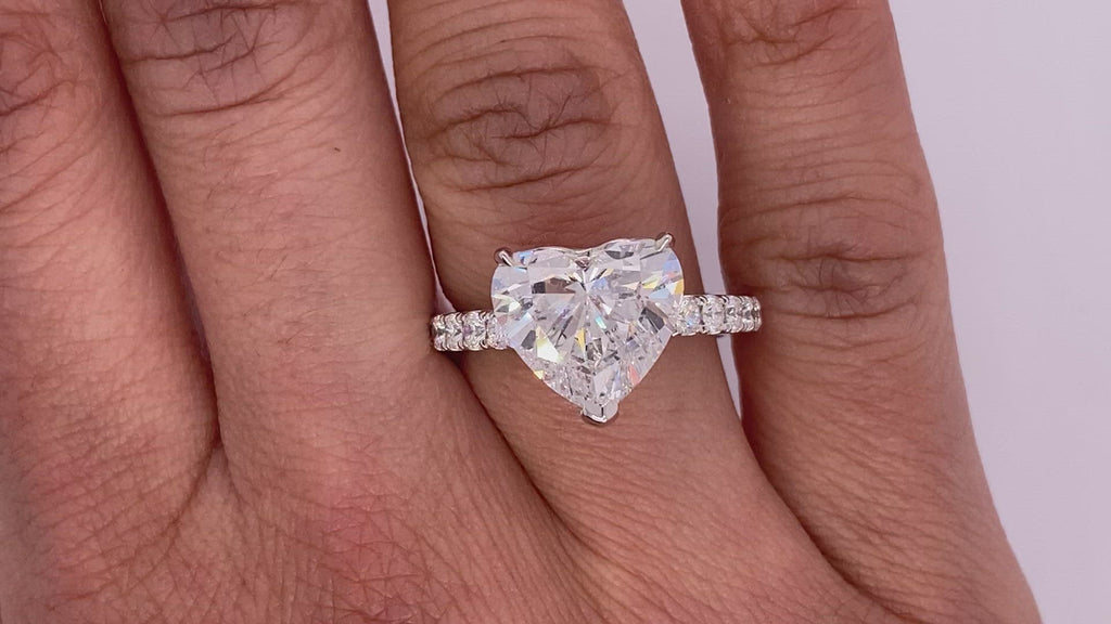 Diamond Ring Heart-Shaped 5 Carat Sidestone  Ring in 18K White Gold  Video on Hand