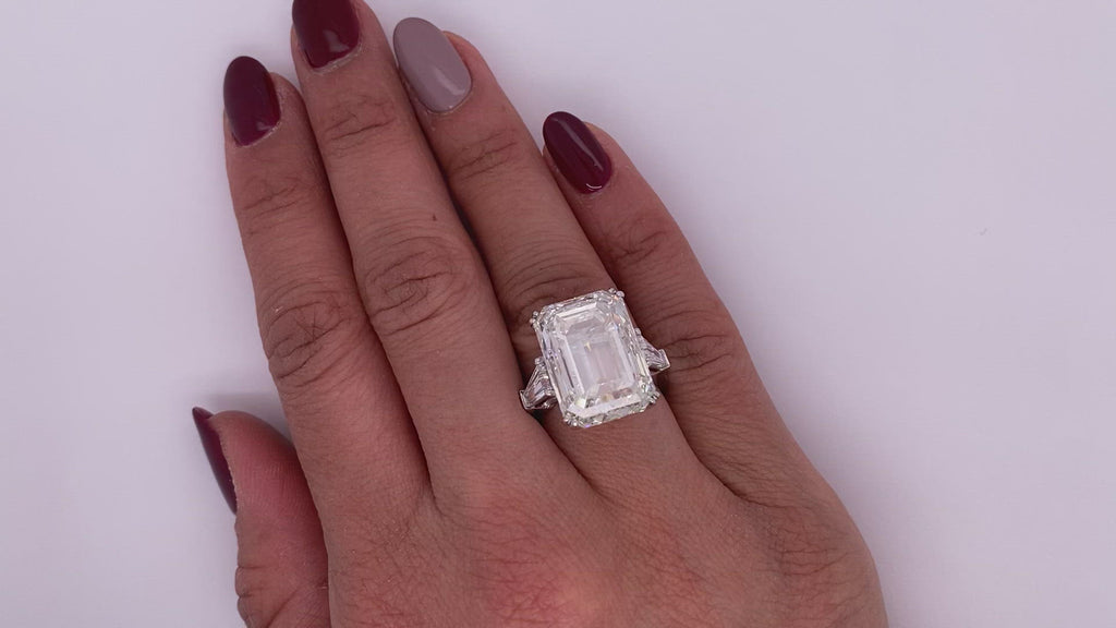 Diamond Ring Emerald Cut 18 Carat Three Stone Ring in Platinum Video on Hand