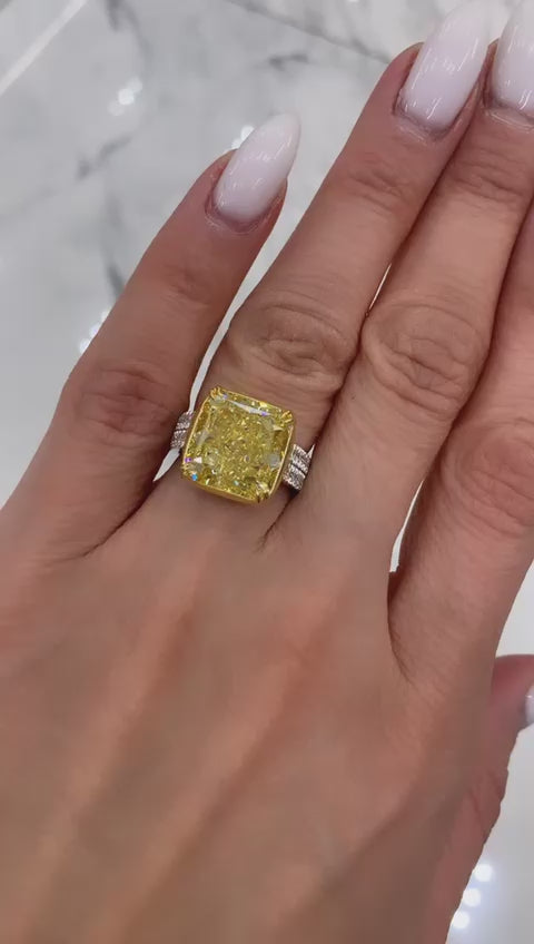 Adeline 13 Carat Fancy Yellow VS2 Radiant Cut Diamond Engagement Ring in Platinum Video 1