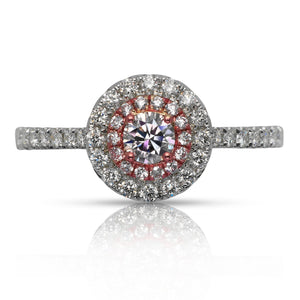 Orangy Pink Diamond Ring Round Cut Halo Ring in 18K White Gold Front View