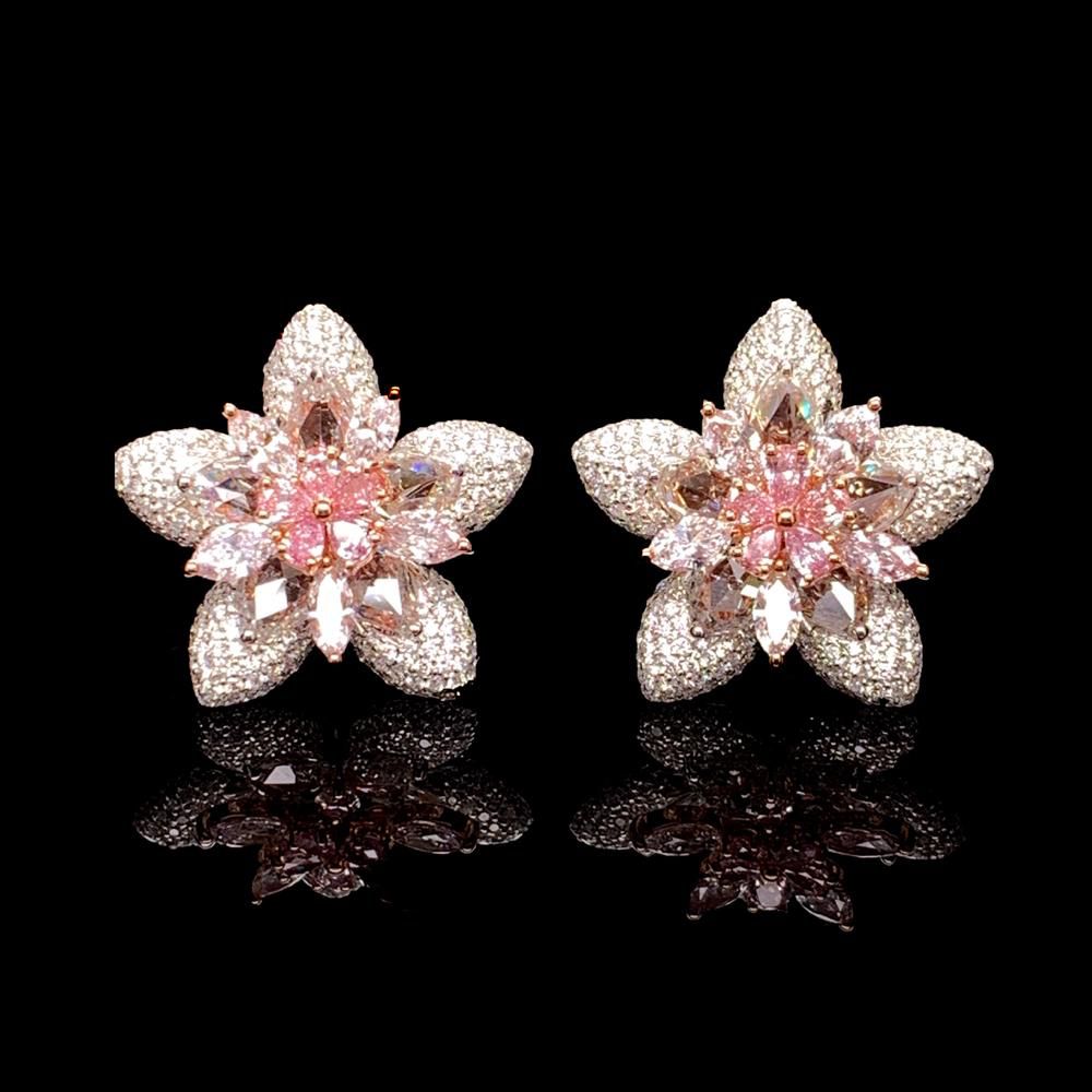 Pink Diamond Stud Earrings Marquise Cut Sidestone Earrings in 18K White Gold Front View
