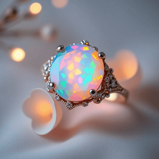 Close-up of a vibrant opal engagement ring with iridescent colors, set against a soft background with floral accents and glowing abstract shapes.