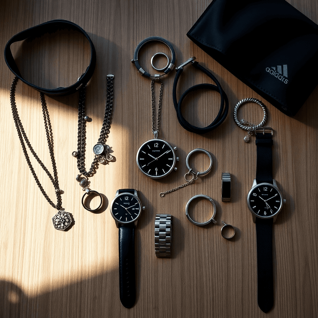Flat lay of men's fashion accessories including necklaces, bracelets, rings, and watches on a textured wooden surface with soft natural light.