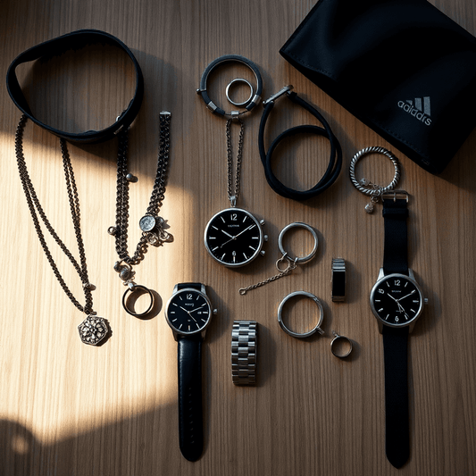 Flat lay of men's fashion accessories including necklaces, bracelets, rings, and watches on a textured wooden surface with soft natural light.