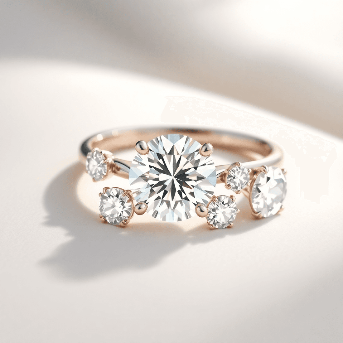 A sparkling diamond ring on a smooth surface with soft lighting highlighting various classic diamond shapes arranged artistically around it.