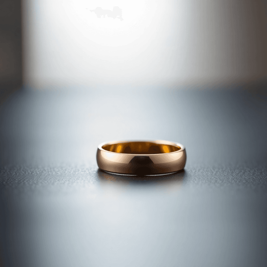 Close-up of a sleek gold or platinum men's eternity band ring on a dark surface with soft lighting highlighting its continuous design.