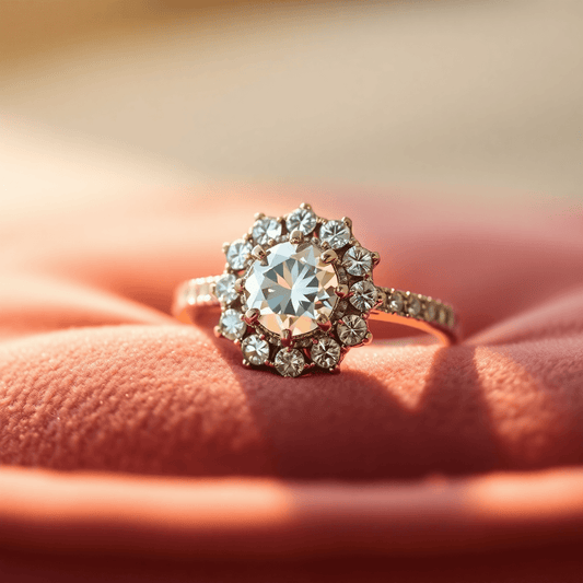 Close-up of a sparkling halo diamond ring with a central gemstone surrounded by smaller diamonds on soft velvet, glowing in warm natural light.