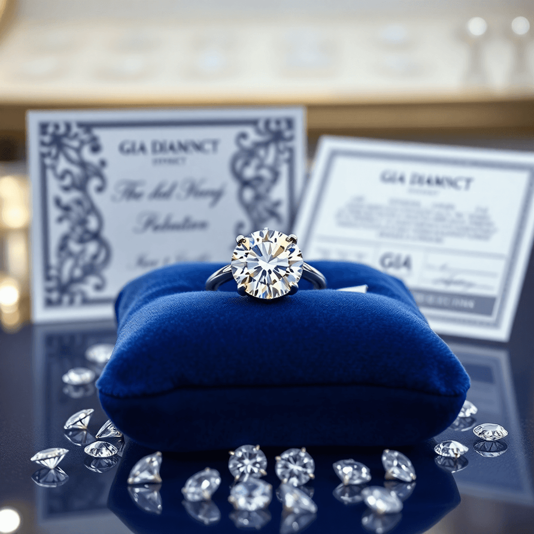 Close-up of a sparkling diamond engagement ring on velvet cushion, surrounded by loose diamonds and a GIA certification card in a softly lit elegant setting.