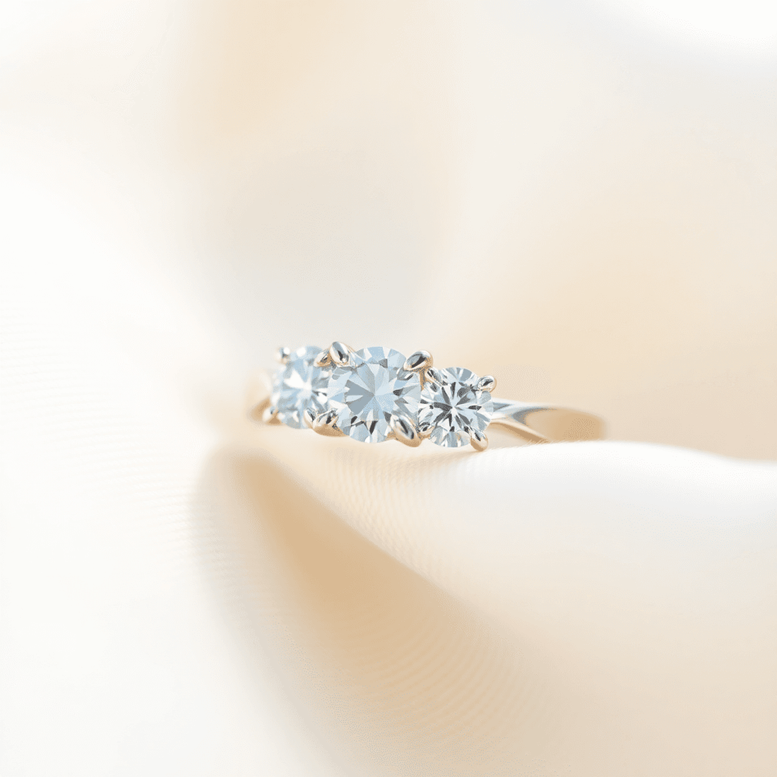 Close-up of a sparkling three-stone engagement ring on soft fabric, illuminated by gentle natural light highlighting each gemstone's brilliance.