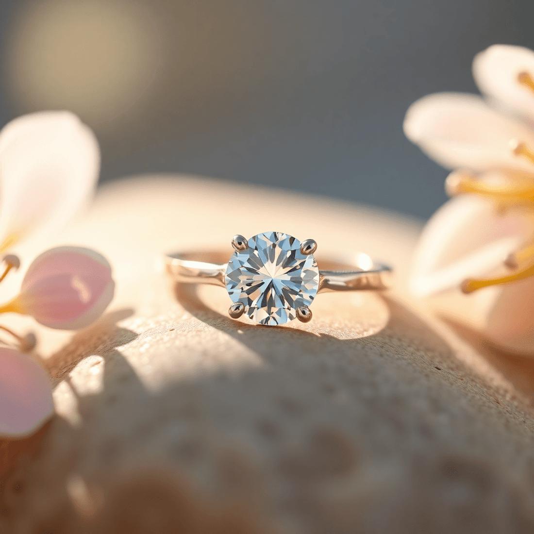 Close-up of a sparkling lab-grown diamond ring on a smooth sidestone, surrounded by soft glowing light and delicate floral accents.