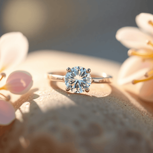 Close-up of a sparkling lab-grown diamond ring on a smooth sidestone, surrounded by soft glowing light and delicate floral accents.