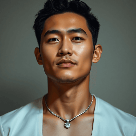 A confident man wearing a sleek diamond necklace, standing against a minimalist background with soft lighting highlighting the jewelry's sparkle.