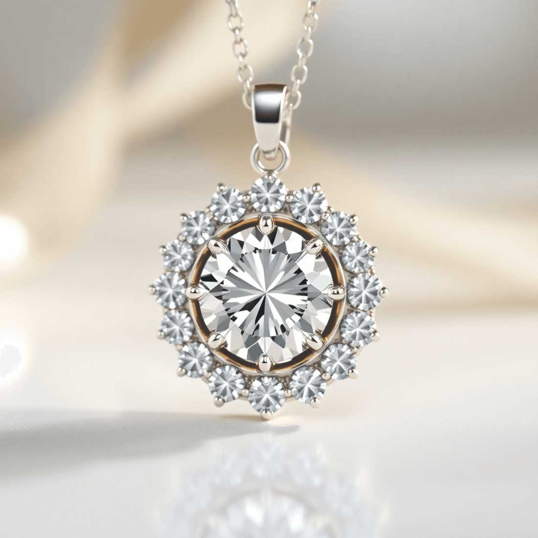 Close-up of a sparkling diamond halo pendant with a central diamond surrounded by smaller diamonds, set against a soft, elegant background with light reflection