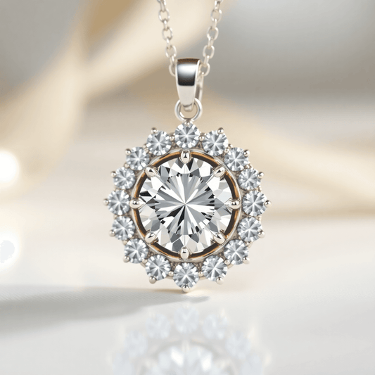 Close-up of a sparkling diamond halo pendant with a central diamond surrounded by smaller diamonds, set against a soft, elegant background with light reflection