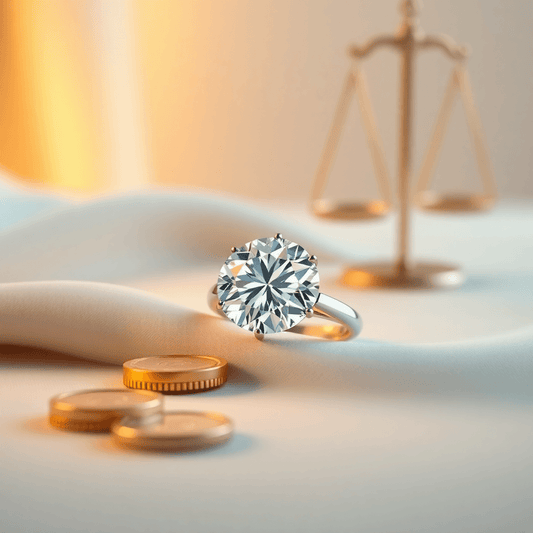 A sparkling diamond ring on a smooth surface with warm lighting, surrounded by golden coins and delicate scales, set against a blurred neutral background.