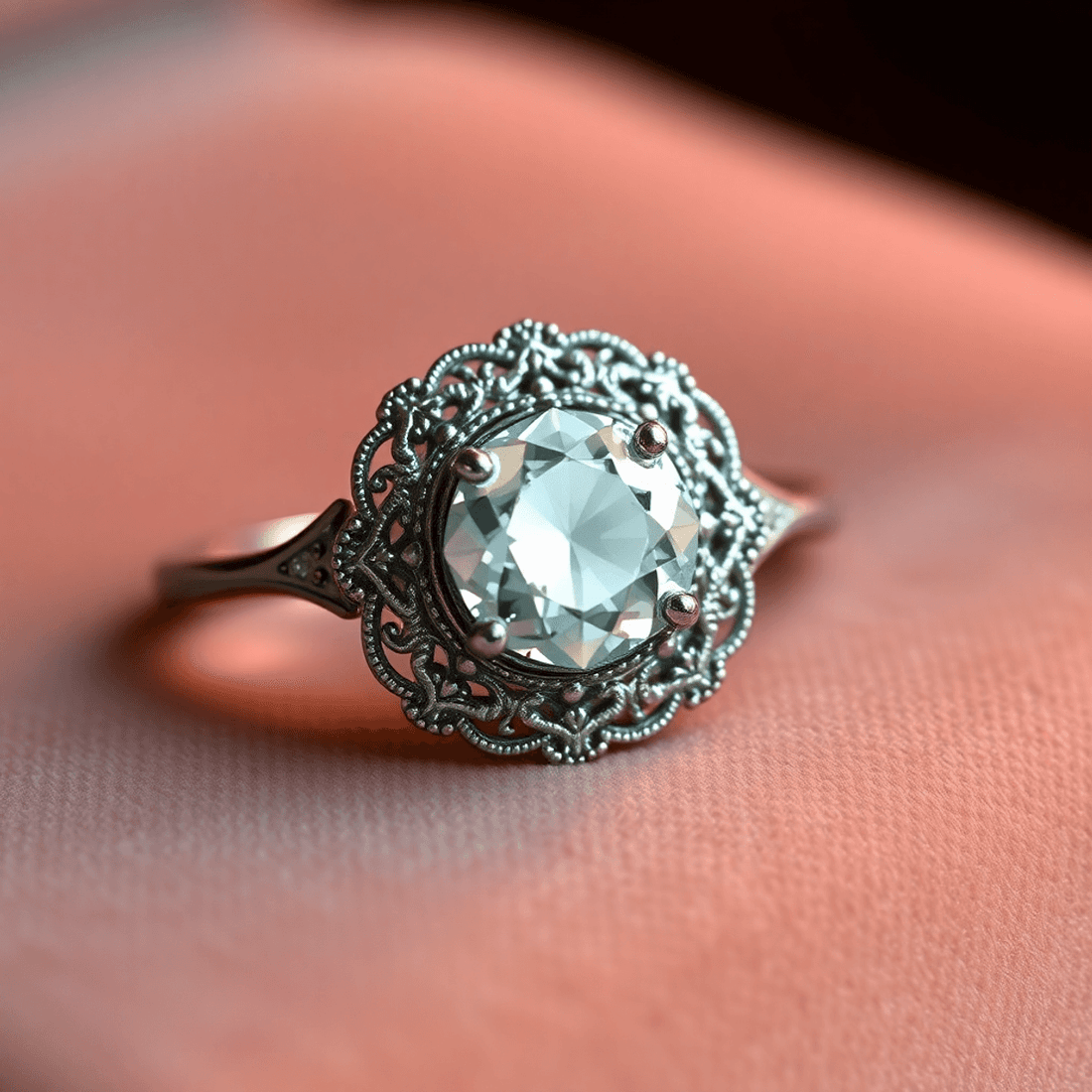 Close-up of a vintage-inspired halo diamond engagement ring with filigree and milgrain details on soft velvet under warm, romantic lighting.