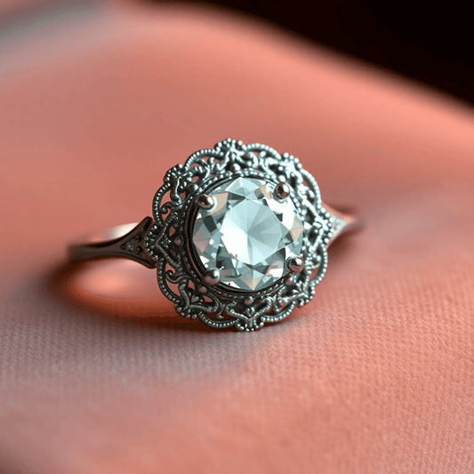 Close-up of a vintage-inspired halo diamond engagement ring with filigree and milgrain details on soft velvet under warm, romantic lighting.