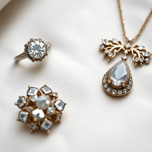 Close-up of vintage diamond ring, brooch, and pendant on soft fabric, symbolizing heirloom treasures transformed into modern designs.