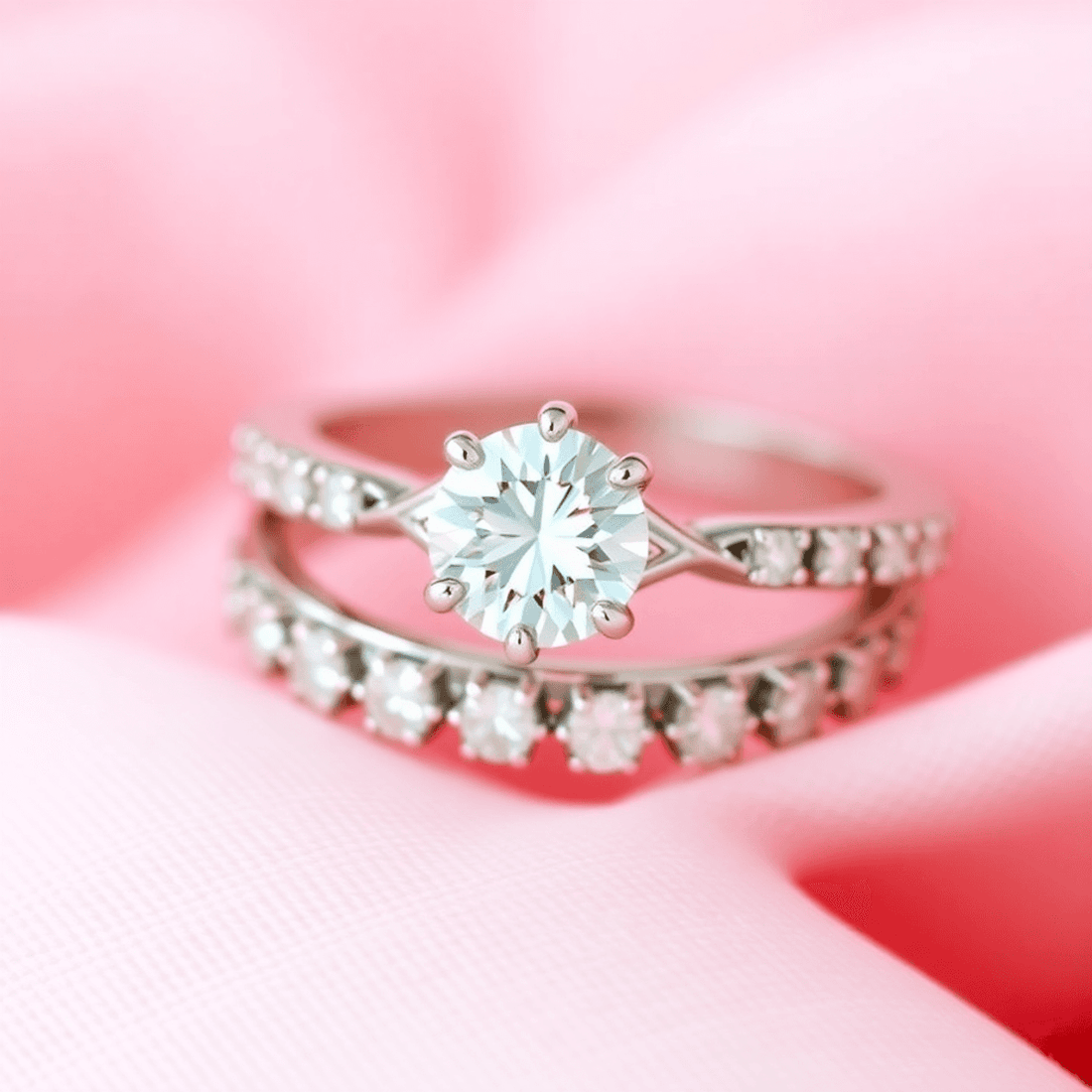 Close-up of a bridal ring stack with a round brilliant diamond engagement ring and an elegant wedding band on a soft, romantic background.