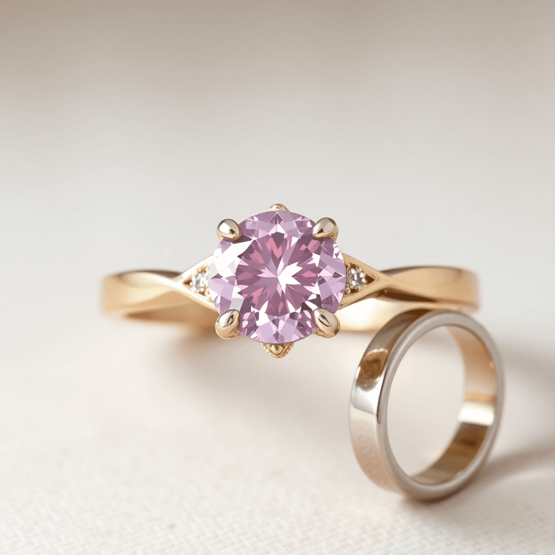 Close-up of a sparkling pink diamond in a ring with rose gold, yellow gold, and platinum bands on a soft neutral background.