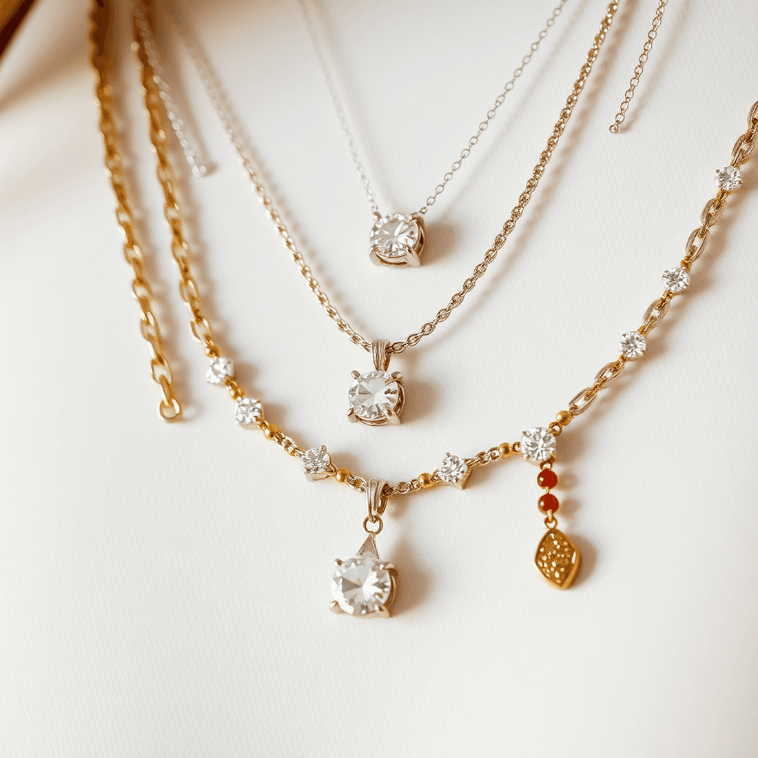 Close-up of layered diamond necklaces and bracelets with delicate chains and sparkling pendants on a light background.