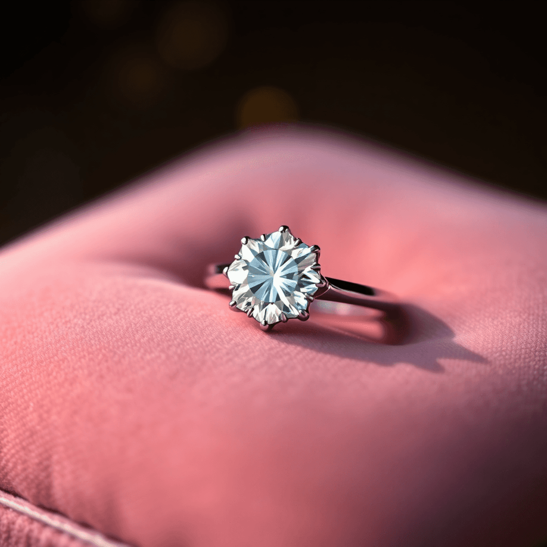 Close-up of a sparkling diamond ring on a velvet cushion, glowing softly to highlight its brilliance and craftsmanship.