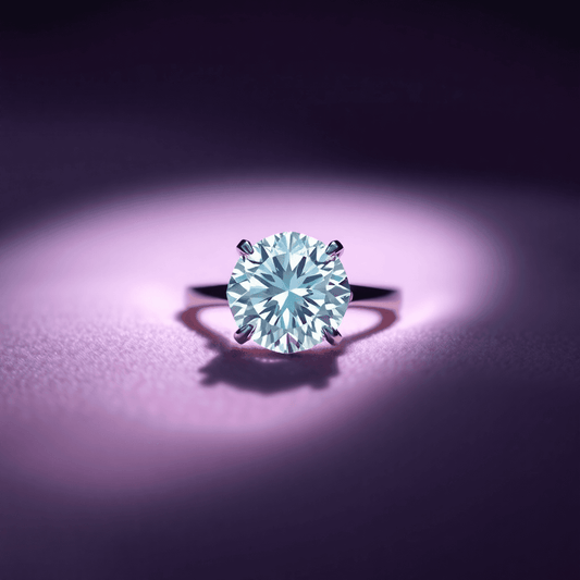 Close-up of a sparkling diamond ring on velvet, illuminated by soft light, with abstract shapes symbolizing quality and precision in the background.