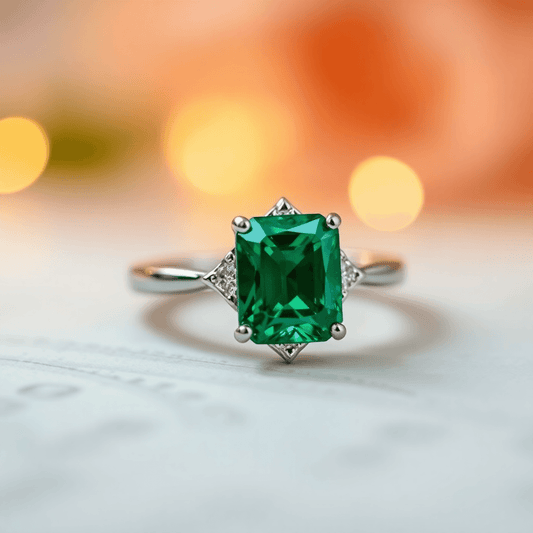 Close-up of an emerald engagement ring with a vibrant green gemstone on an elegant band, glowing softly against a blurred romantic background.