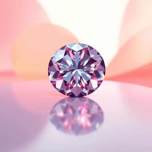 Close-up of a sparkling pink diamond on a reflective surface with soft warm light and abstract pastel pink and gold shapes in the background.
