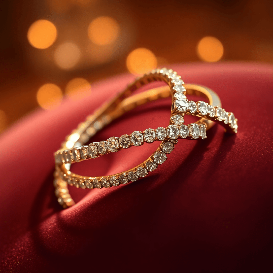 Close-up of sparkling diamond bangles on a velvet surface under warm lighting, showcasing elegance and timeless beauty.