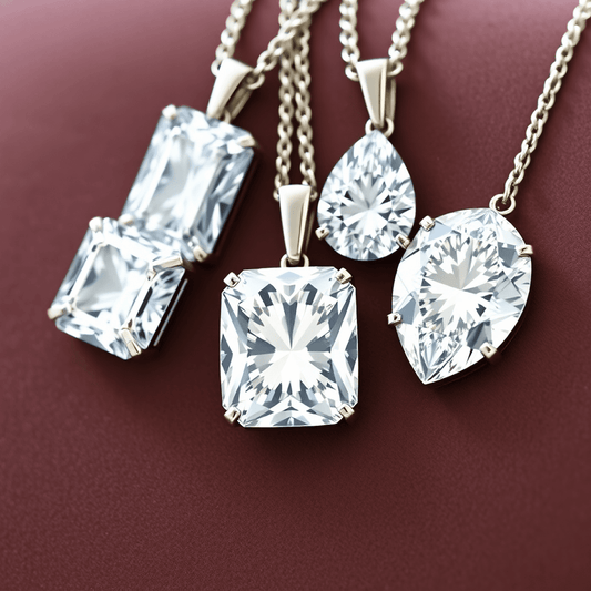 Close-up of elegant diamond pendants in Asscher, Cushion, and Pear cuts on a velvet background, showcasing their brilliance and intricate facets.