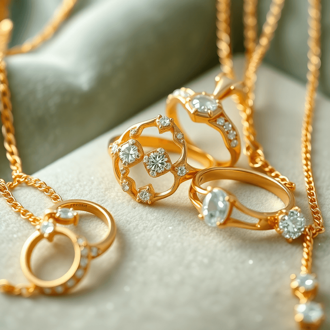 Close-up of elegant gold rings and necklaces in yellow, white, and rose gold with sparkling diamonds on a soft velvet background.