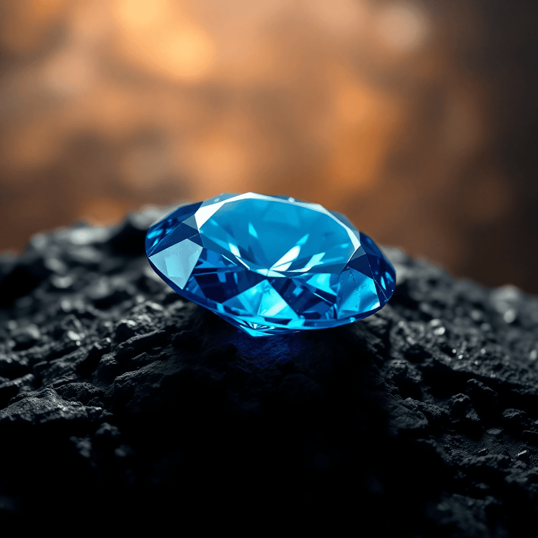 Close-up of a sparkling blue diamond on textured dark rock, lit by soft natural light, with an abstract earth-toned background suggesting mantle layers.