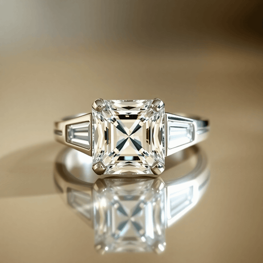 Close-up of a sparkling Asscher cut diamond ring in a vintage platinum Art Deco setting with geometric shapes and baguette side stones on a reflective surface.