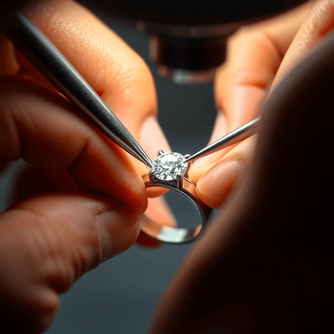 Close-up of jeweler’s hands setting a sparkling diamond into a ring with fine tools and magnifying lenses under bright focused lighting.