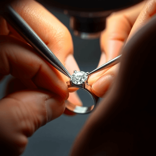 Close-up of jeweler’s hands setting a sparkling diamond into a ring with fine tools and magnifying lenses under bright focused lighting.