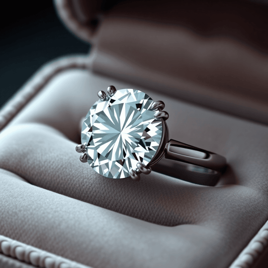 Close-up of a sparkling diamond ring on a velvet jewelry box, with soft lighting highlighting its brilliance and intricate facets.