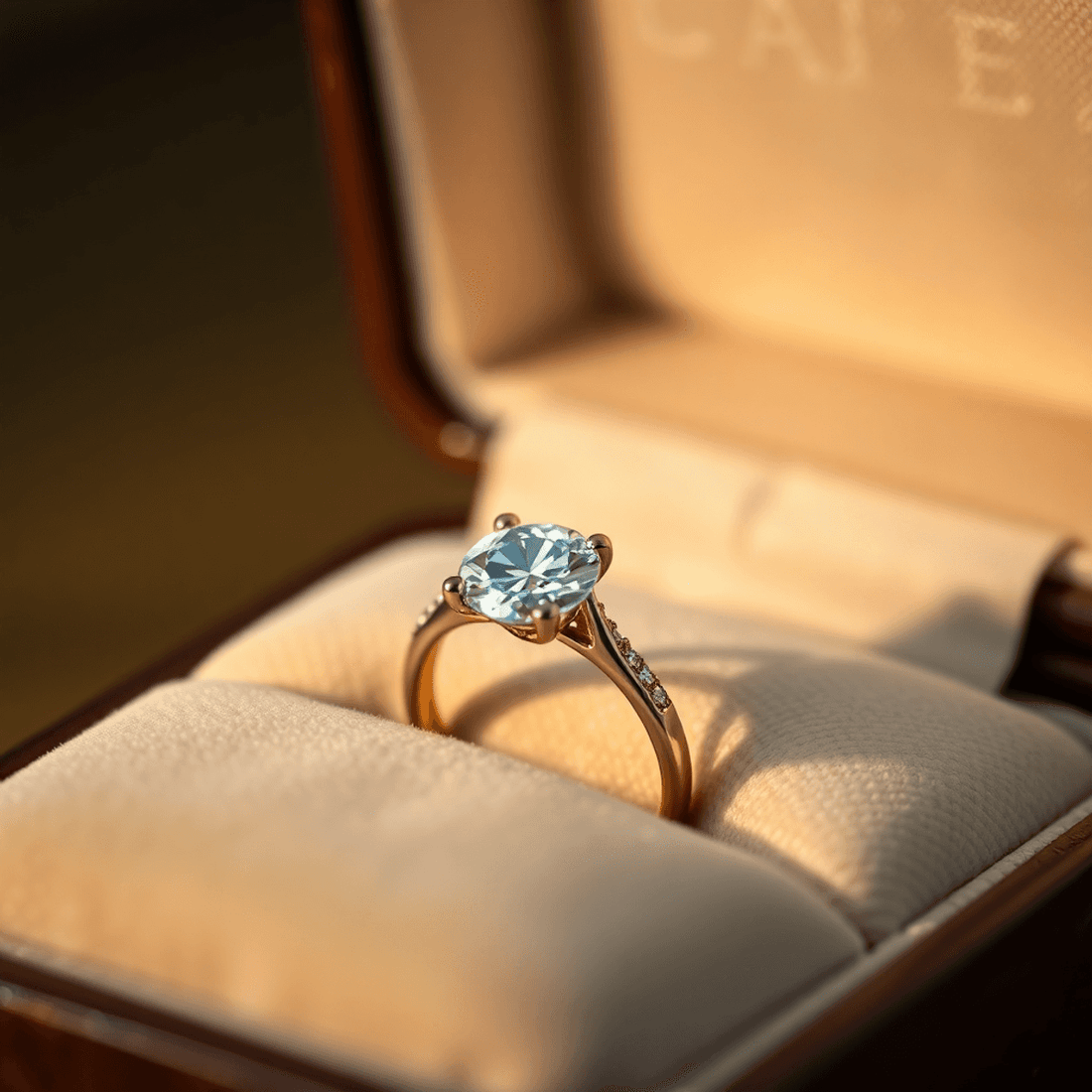 Close-up of a sparkling diamond ring on a velvet jewelry box with soft lighting highlighting its brilliance.