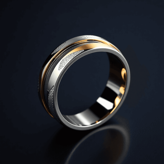 Close-up of a sleek platinum and gold men's eternity band on a dark background with soft lighting highlighting its shine and texture.