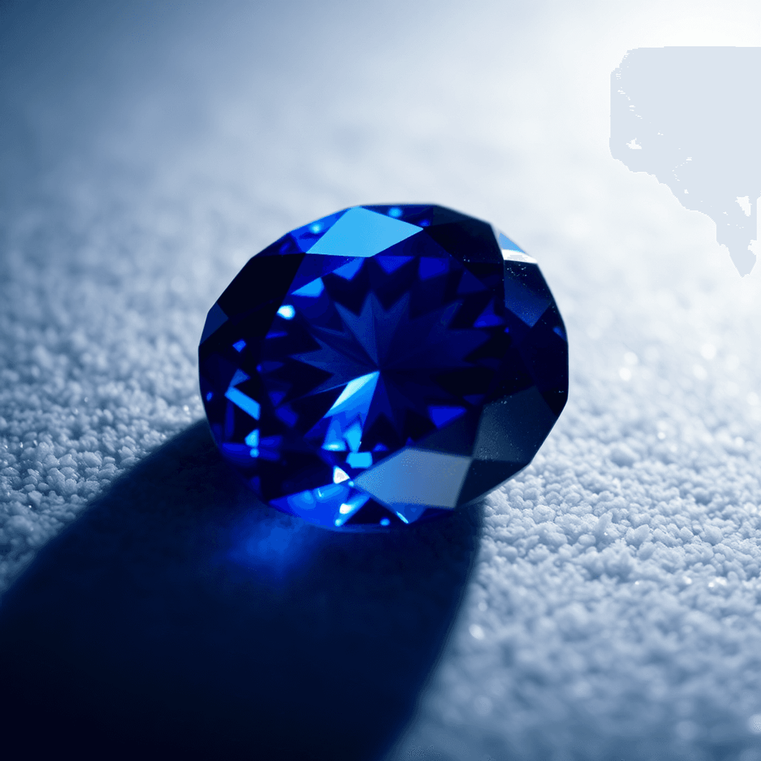 Close-up of a deep blue sapphire gemstone sparkling on a rich velvet background, showcasing its vibrant color and brilliance.