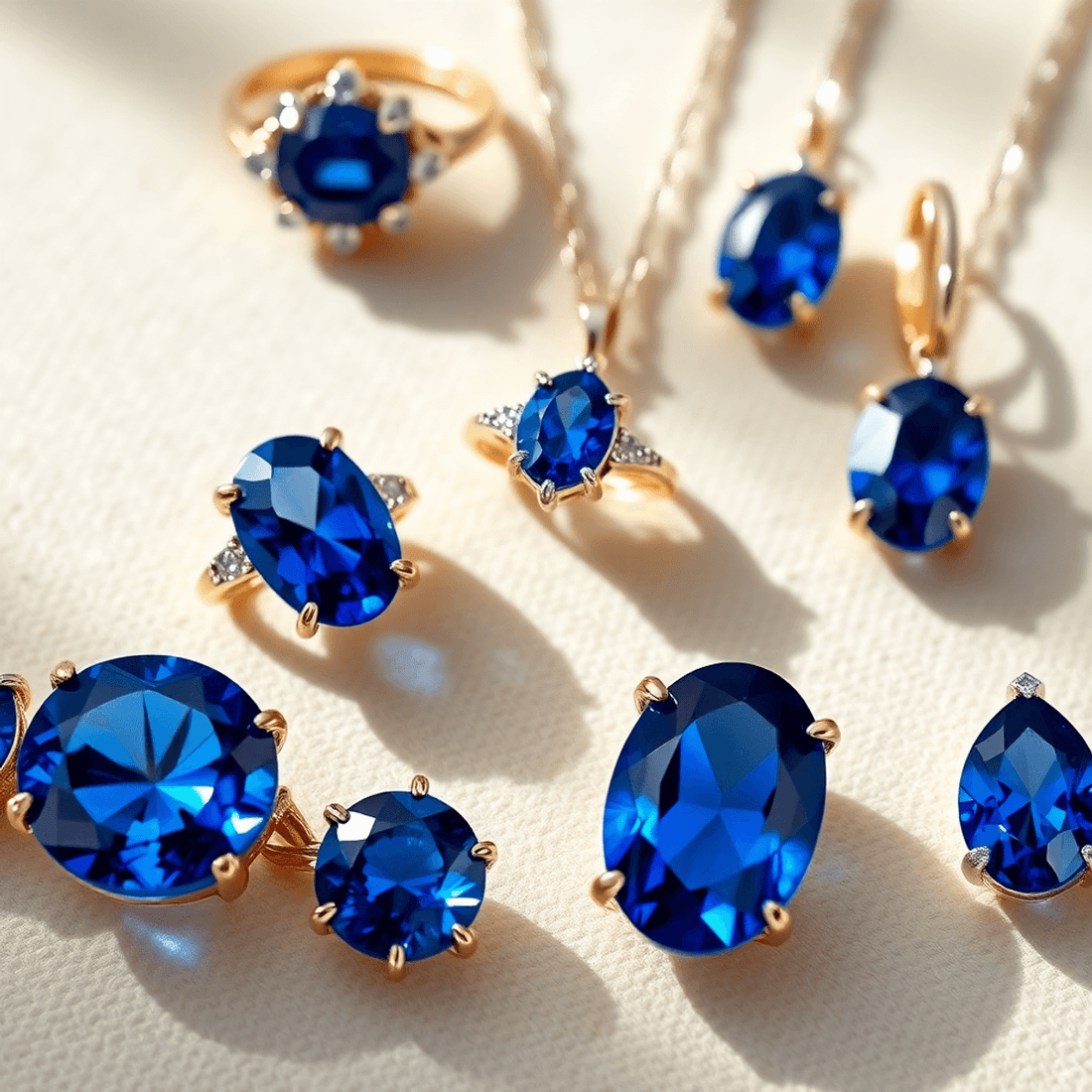 Close-up of elegant blue sapphire rings, necklaces, and earrings on a soft background with natural light highlighting their deep blue sparkle.