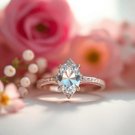 Close-up of a sparkling pear-shaped diamond ring against a soft, blurred background with delicate flowers and pastel tones.
