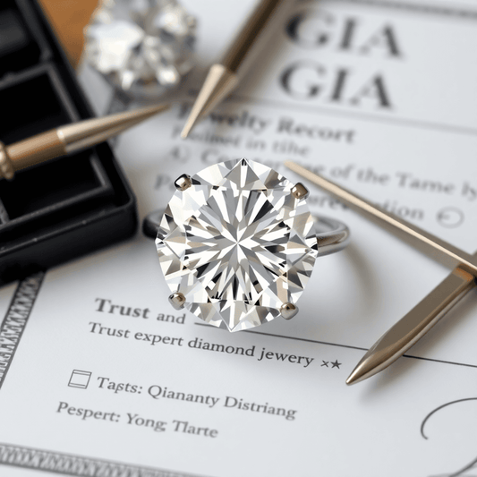 A sparkling diamond on a GIA certificate with jewelry tools nearby, highlighting expert grading and trust.
